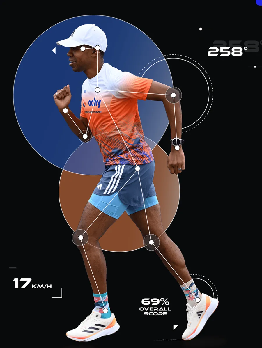 Ochy.io running-form analysis with pose detection overlays