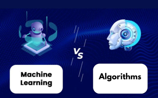 The image depicts a battle or contrast between two concepts: Machine Learning and Algorithms. On the left side, there is a futuristic-looking robot or AI assistant, representing Machine Learning. On the right side, there is an advanced, robotic-looking head, representing Algorithms. The background is a deep, dark blue with wavy lines, suggesting a technological or digital environment. The text "Machine Learning" and "Algorithms" are displayed in a clean, bold font, emphasizing the comparison between these two important concepts in computer science and technology.